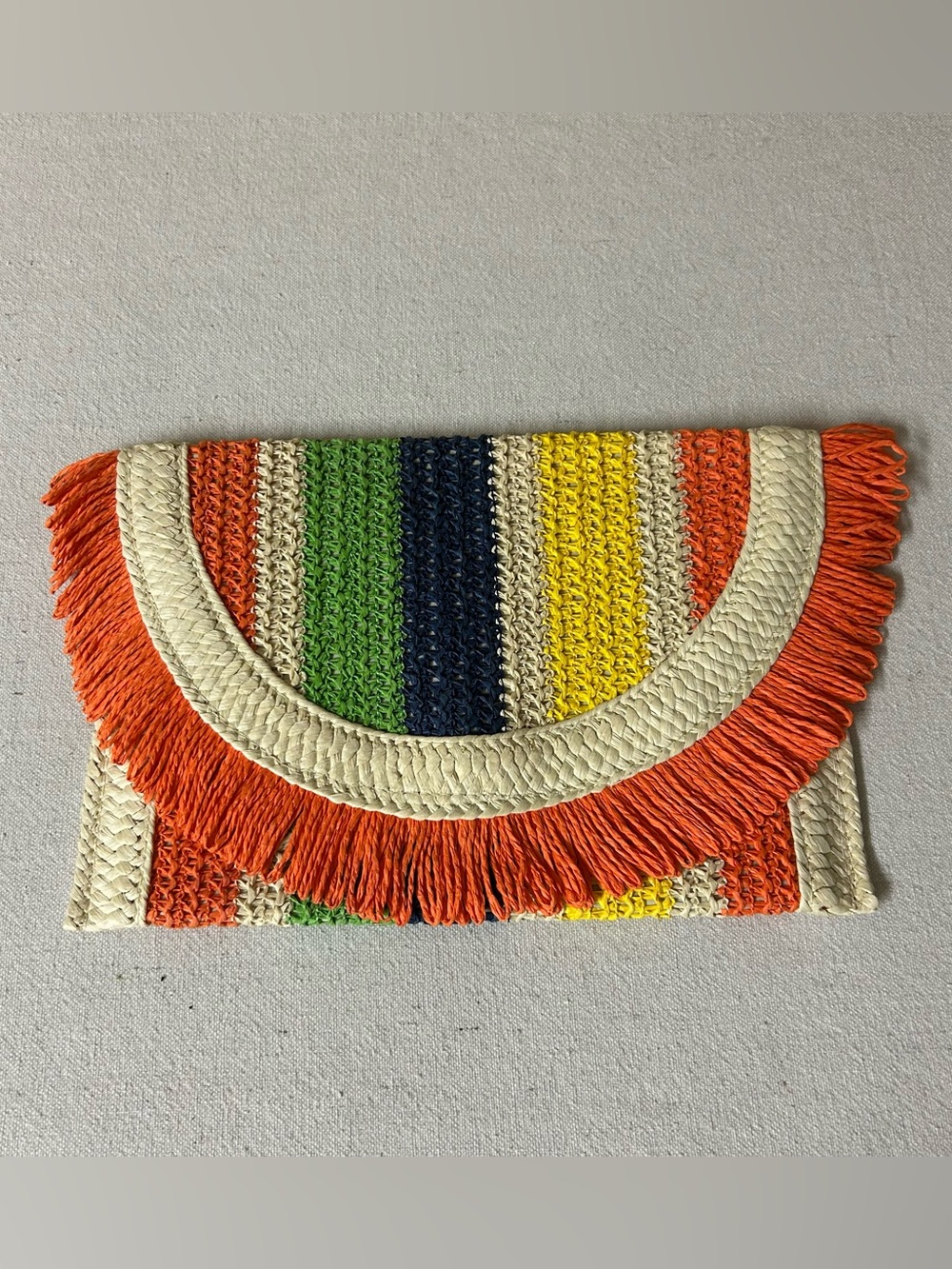 Shein Straw Clutch Multicolor Stripe Fringe Accents Magnet Close Rectangle Purse